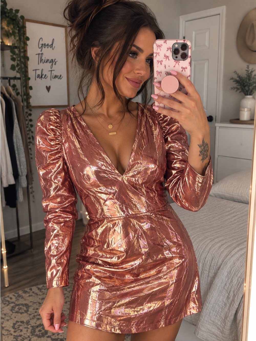 Little Moon Metallic Rose Gold Long Sleeve Mini Dress